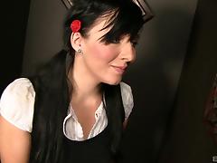 Vivacious brunette girl in a miniskirt delivering an arousing blowjob before swallowing cum tube porn video